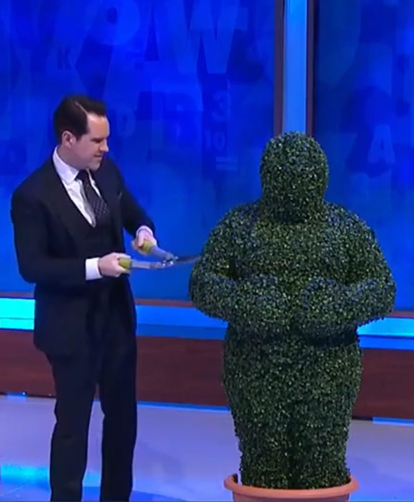 A Hedge Man performing with Jimmy Carr on 8 Out Of 10 Cats Does Countdown.